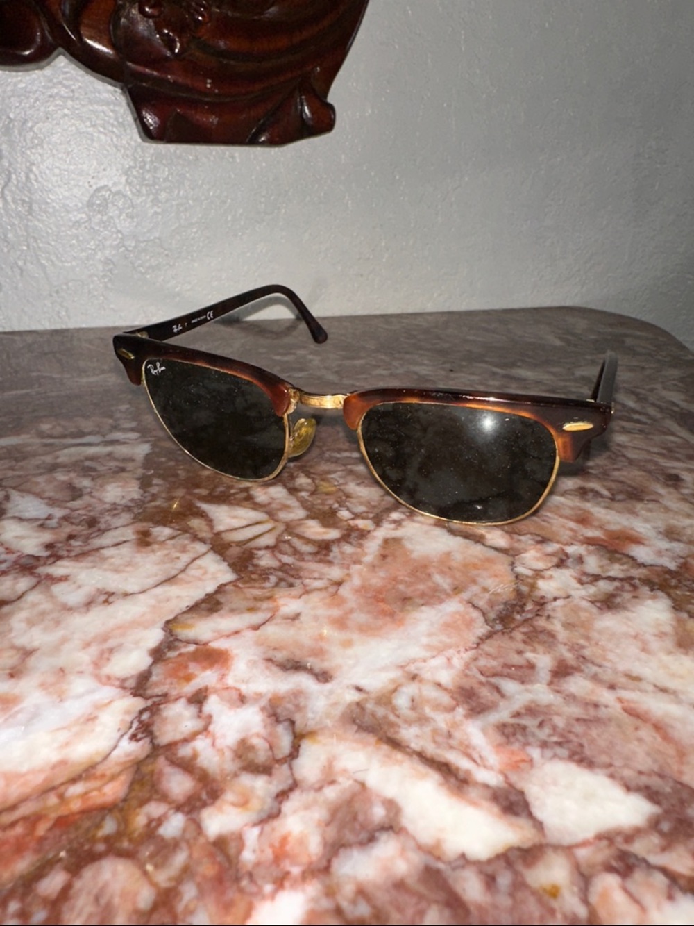 Ray-Ban Tortoise and Gold Clubmaster Sunglasses with Dark Lenses